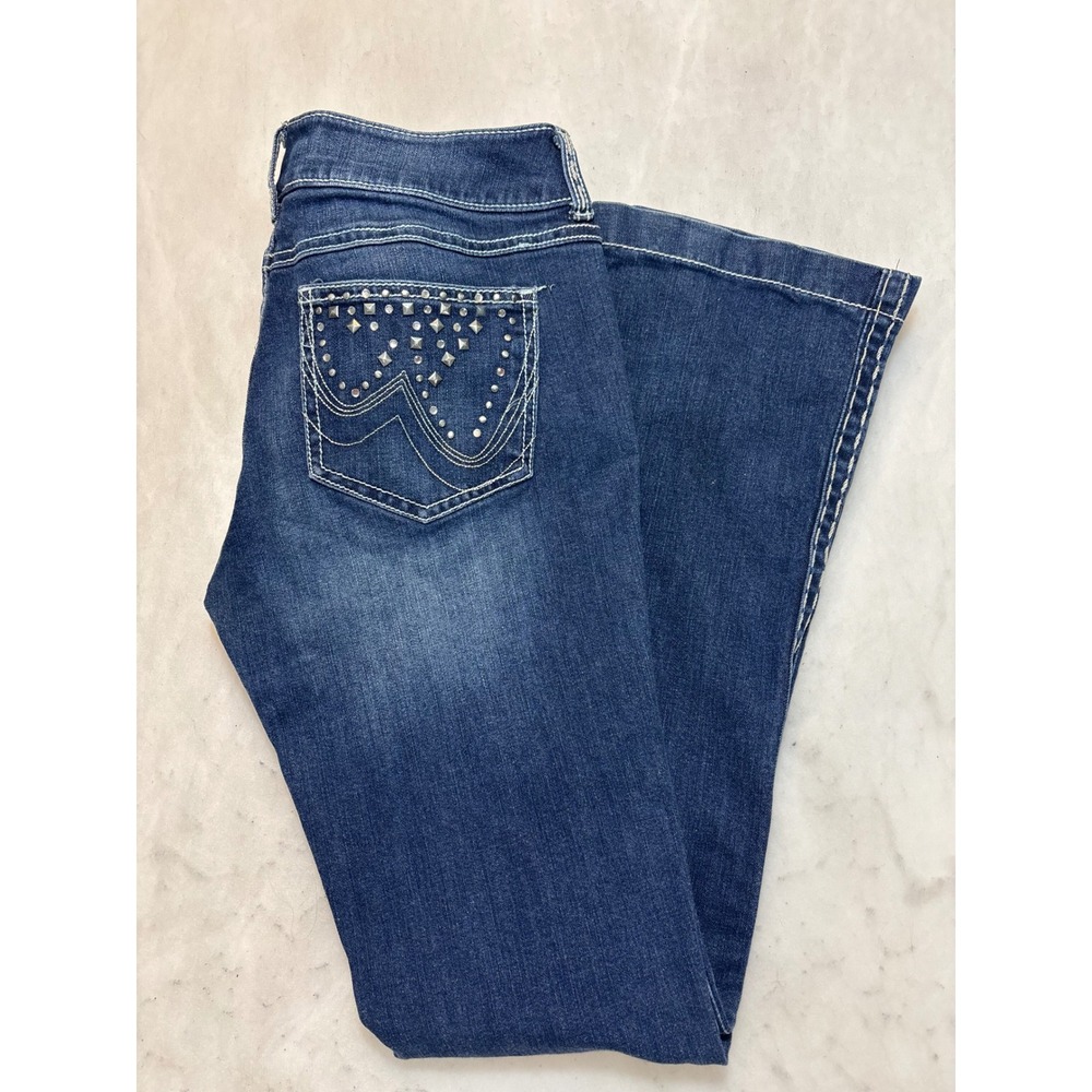Wrangler Premium Patch Bootcut Jeans Women Dark Wash Embellished Pockets Sz 9x36